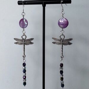 HAND CRAFTED Dragonfly Dangle EARRINGS Mother of Pearl Extra Long 3.75” NWT